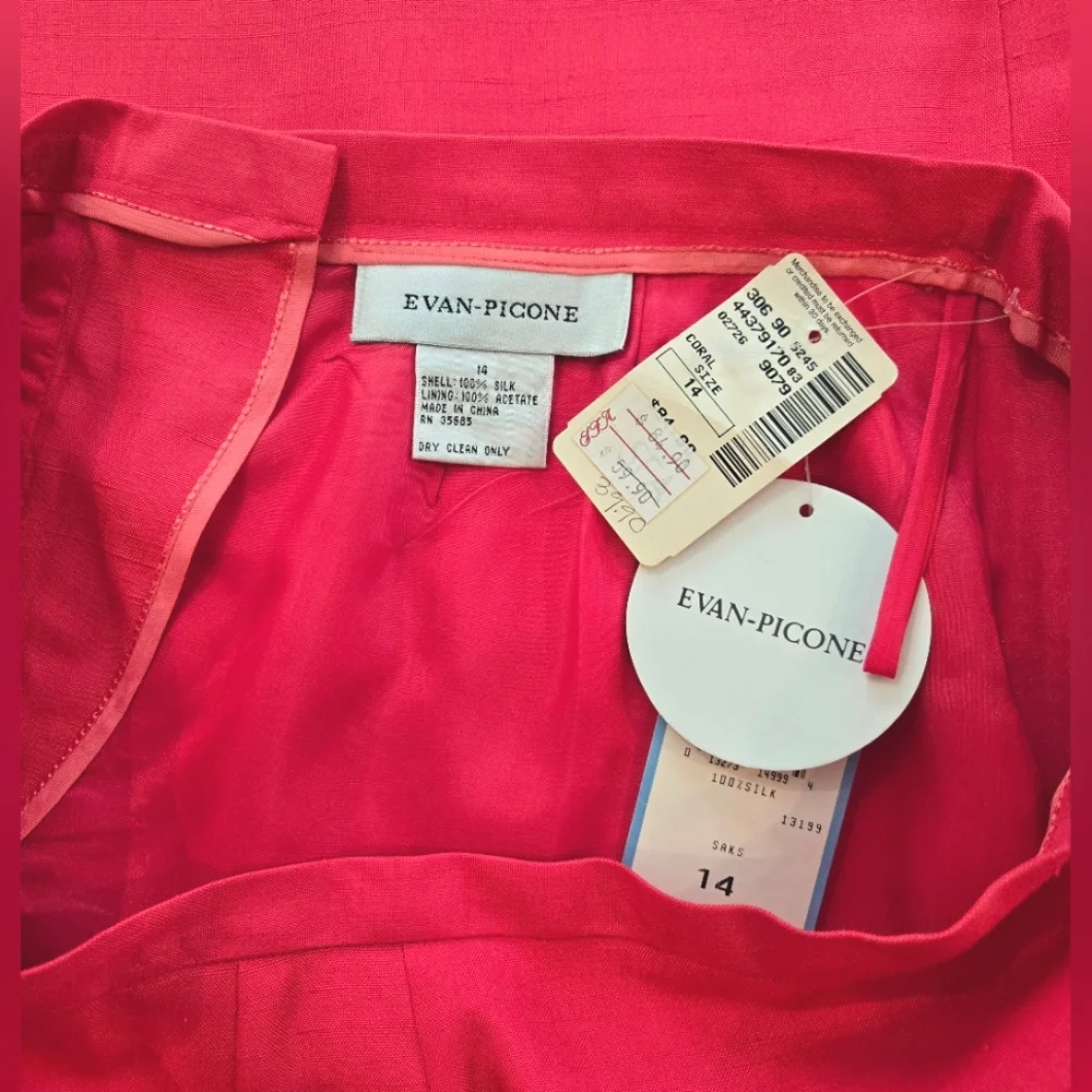 Vintage EVAN PICONE, 1970s Saks, Silk Pencil Skirt Original Tags, Coral, Sz 12